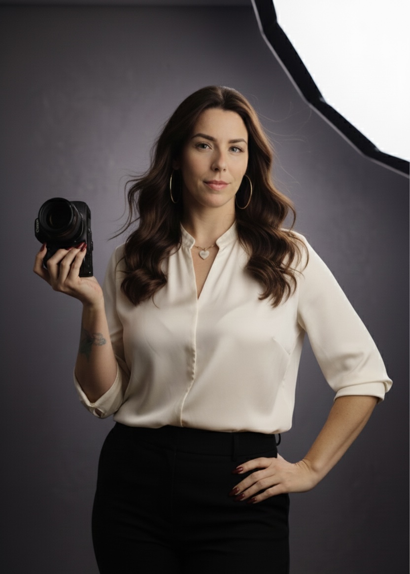Self-portrait of the instructor in her San Antonio studio, holding a Canon camera in one hand, against a soft grey backdrop with a softbox visible behind her.