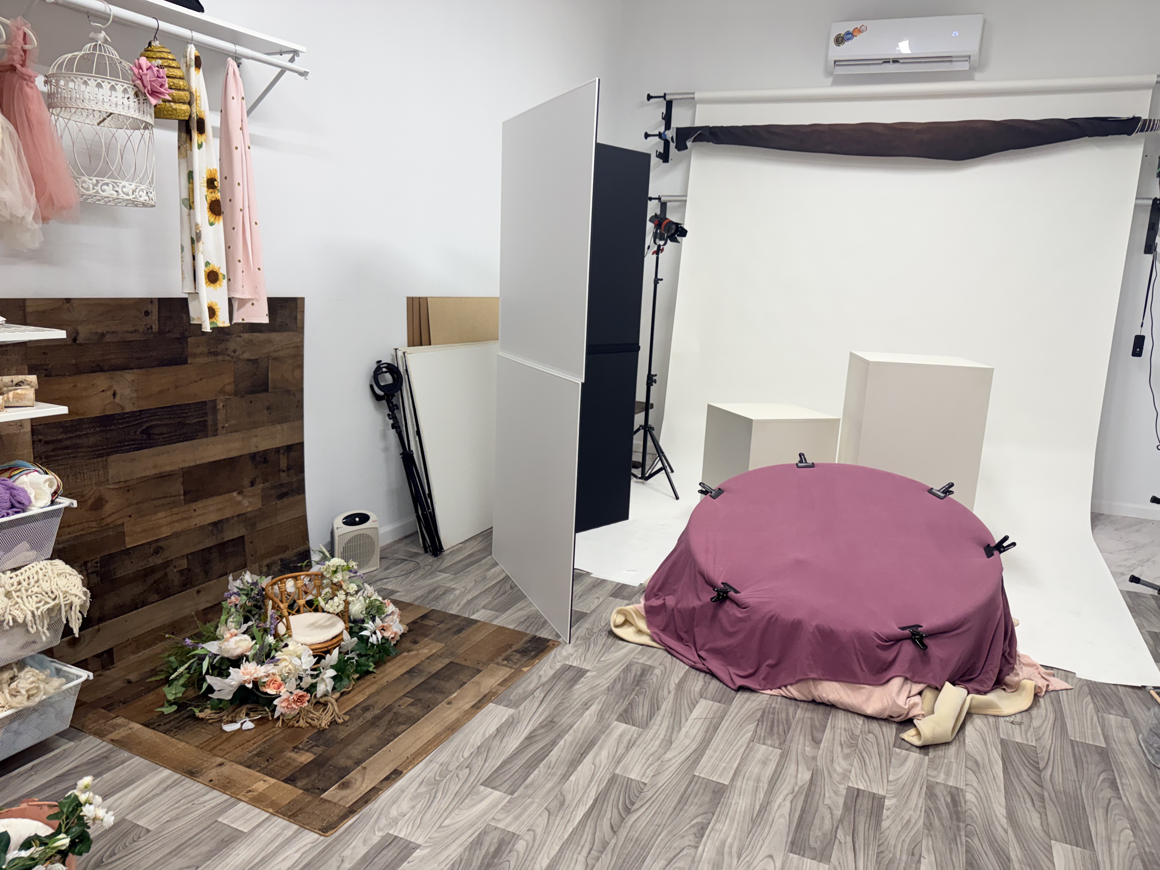 The Studio Realms studio prepared for a session: a white seamless backdrop on the right with a mauve beanbag for newborn posing, a wood plank backdrop on the left, and lighting flags arranged on the hardwood floor.